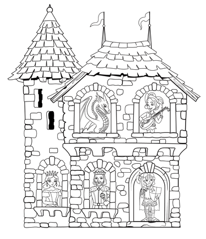 Castle With Characters Coloring Page